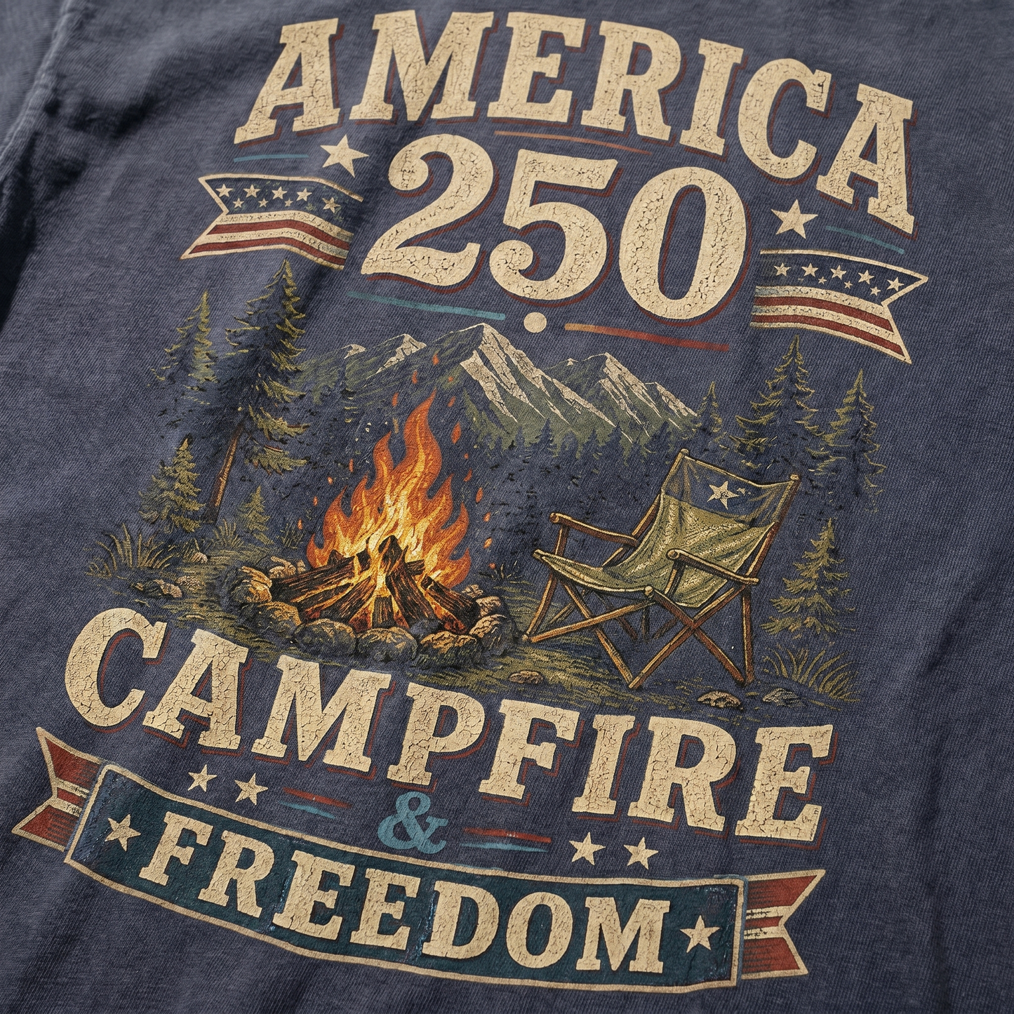 America 250 Campfire & Freedom Graphic Tee - Vintage Camping Patriotic Shirt