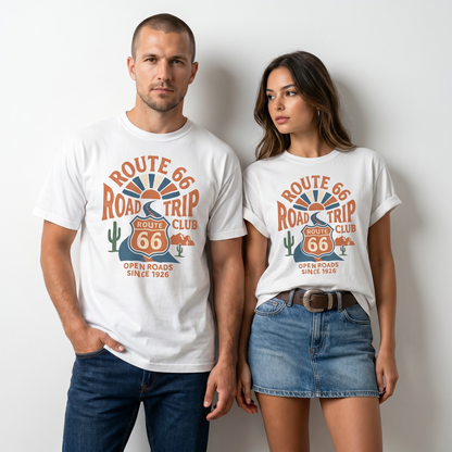 Route 66 Road Trip Club Tee - Vintage Open Roads Graphic Shirt