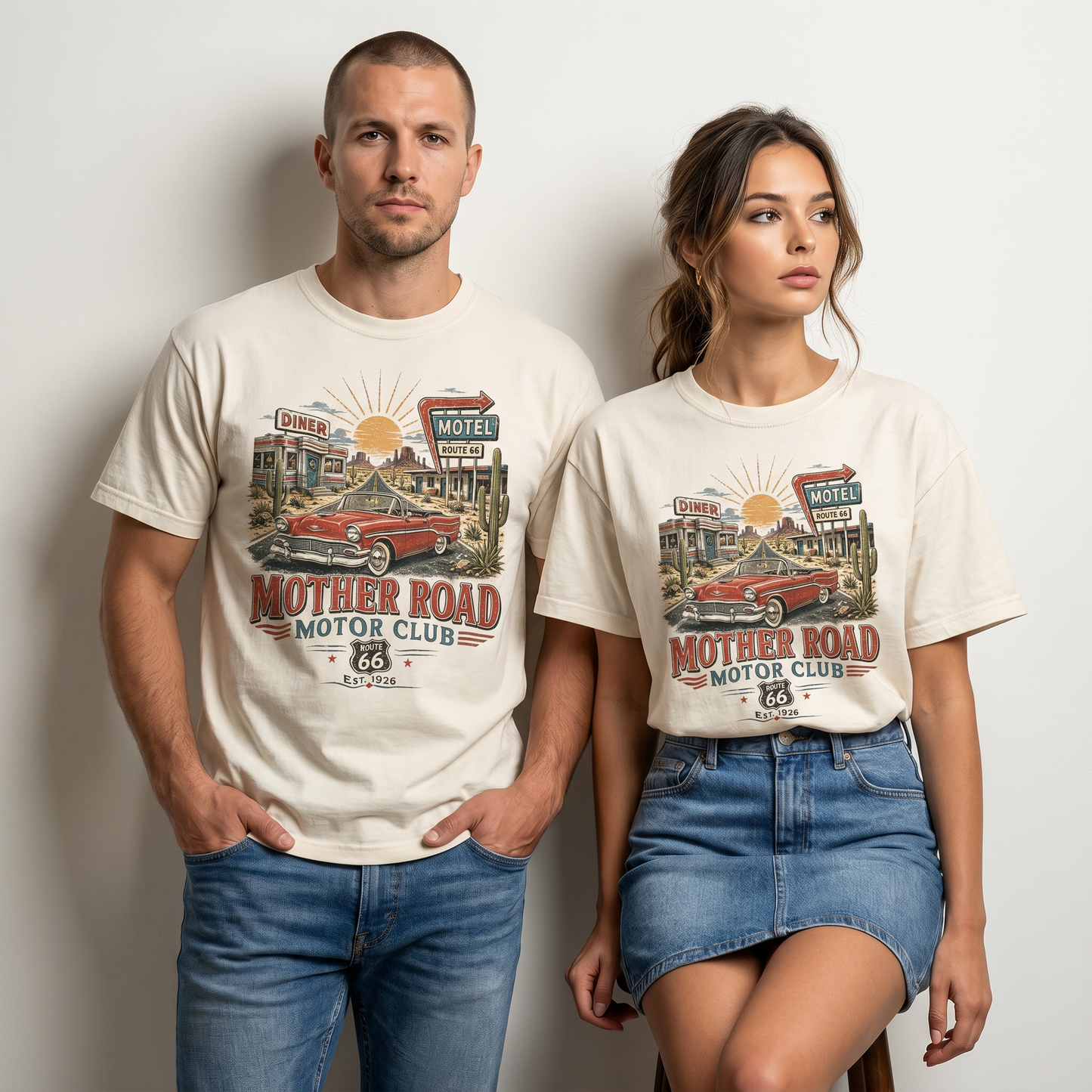 Models wearing Route 66 vintage graphic tees featuring a classic red car, diner, motel sign, desert highway, and retro Americana road trip artwork.