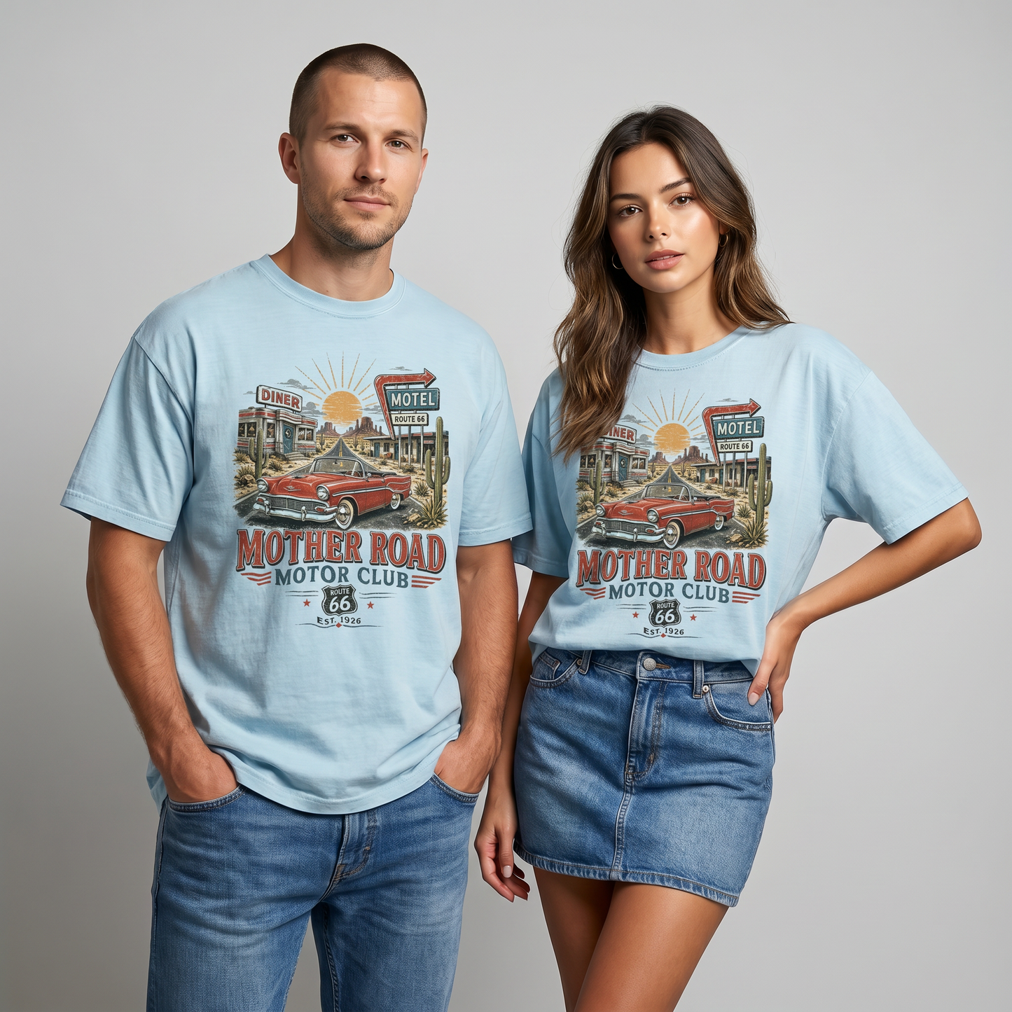 Route 66 Diner Motel Graphic Tee Vintage Road Trip Classic Car Shirt