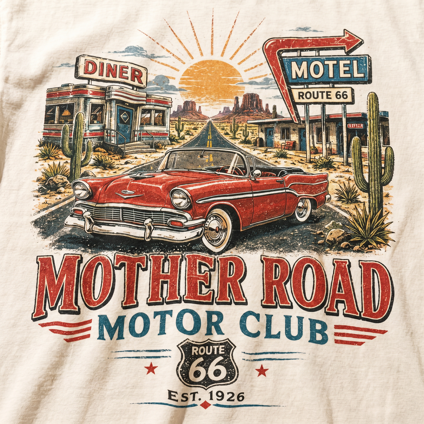 Route 66 Diner Motel Graphic Tee Vintage Road Trip Classic Car Shirt