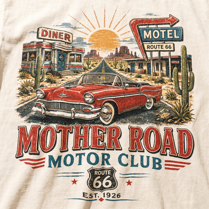 Route 66 Diner Motel Graphic Tee Vintage Road Trip Classic Car Shirt