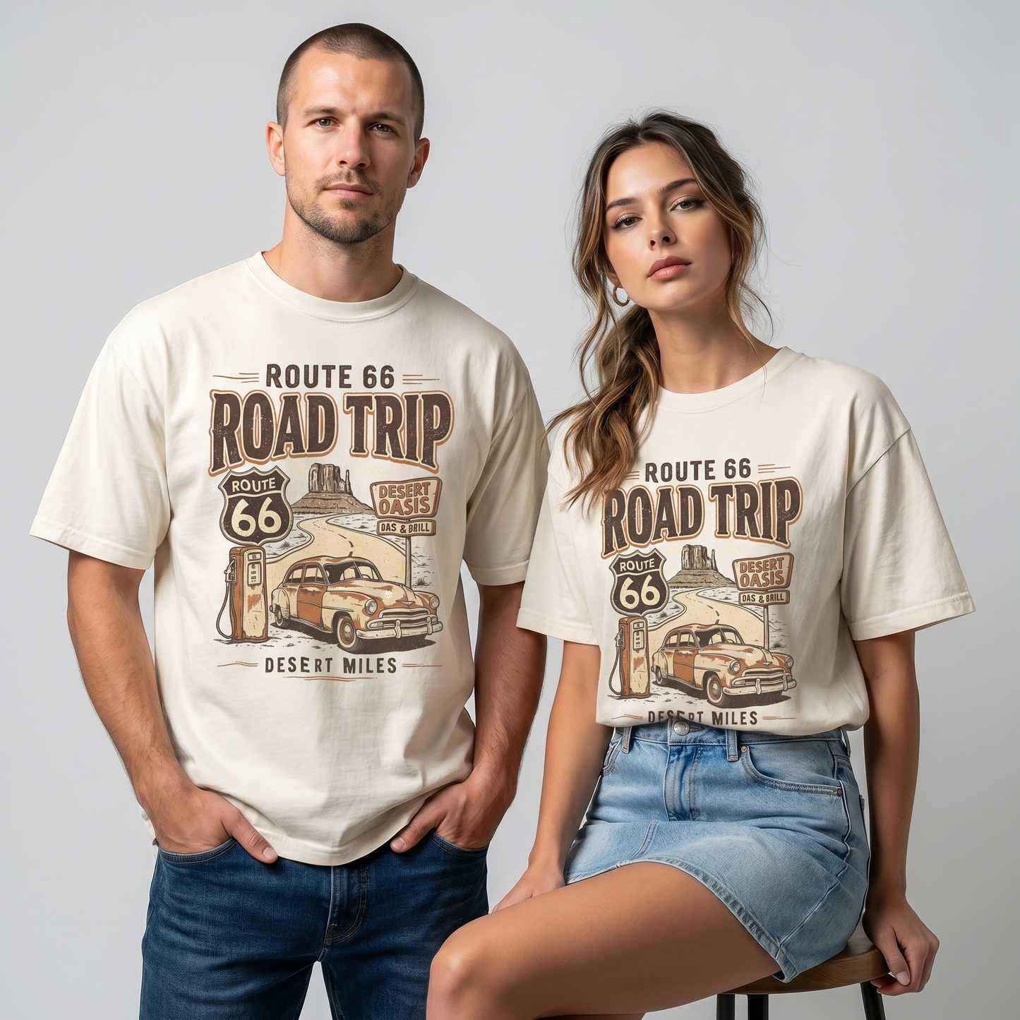 Route 66 Desert Oasis Graphic Tee Vintage Road Trip Classic Car Shirt