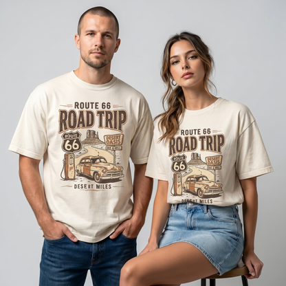 Route 66 Desert Oasis Graphic Tee Vintage Road Trip Classic Car Shirt