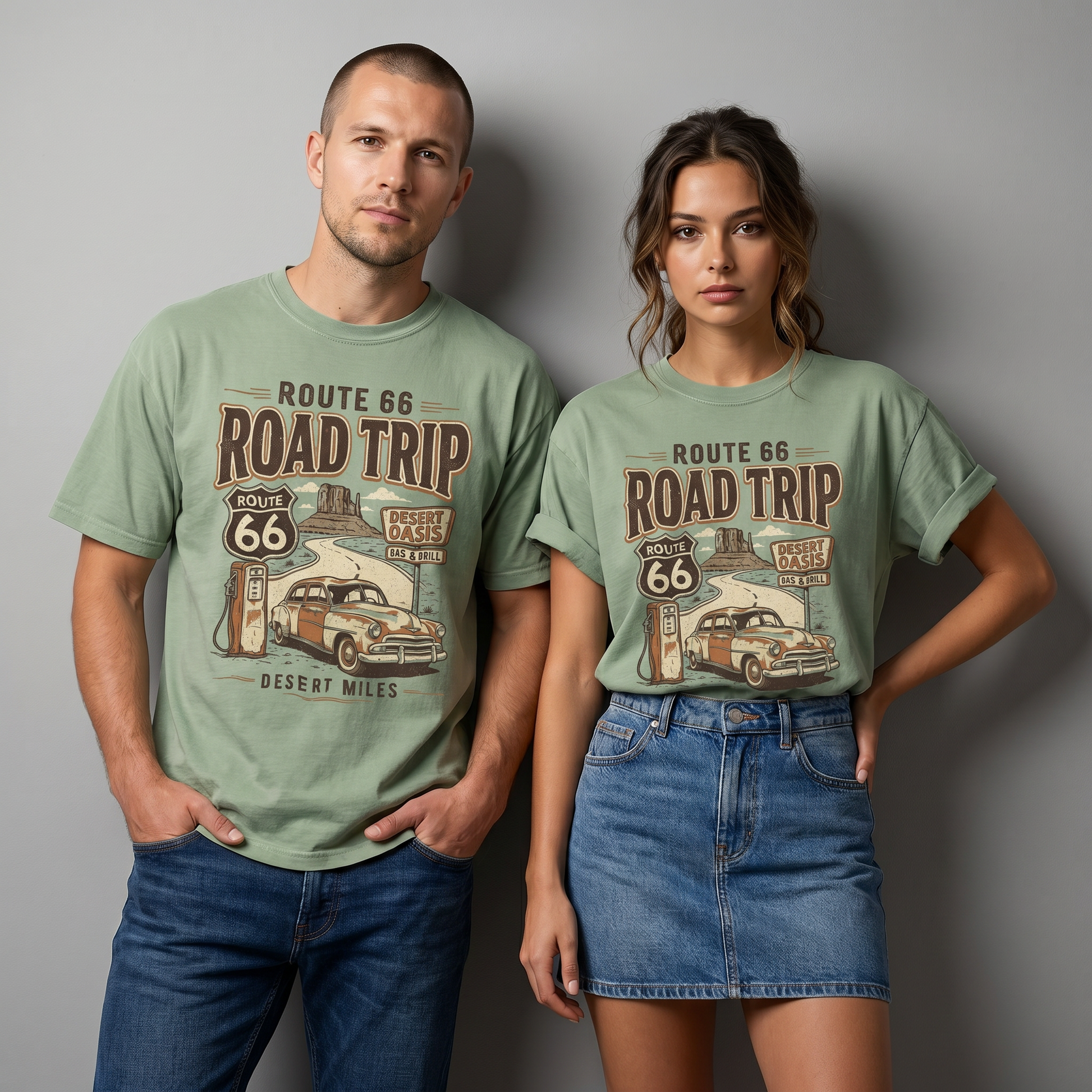 Models wearing Route 66 vintage road trip graphic tees featuring a classic car, desert highway, gas pump, Route 66 shield, and retro Americana artwork.
