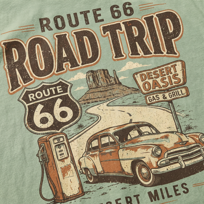 Route 66 Desert Oasis Graphic Tee Vintage Road Trip Classic Car Shirt