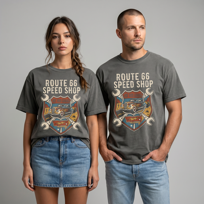 Route 66 Hot Rod Garage Graphic Tee – Vintage Classic Car Road Trip Shirt