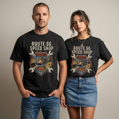 Models wearing Route 66 hot rod garage graphic tees featuring a vintage car, mechanic wrenches, and retro speed shop artwork on gray and black shirts.