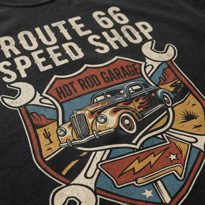 Route 66 Hot Rod Garage Graphic Tee – Vintage Classic Car Road Trip Shirt