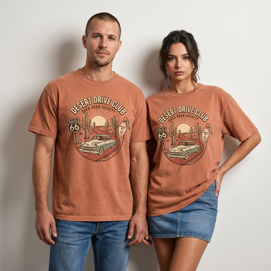 Models wearing Desert Drive Club Route 66 graphic tees with vintage car artwork, cactus, sunset road scene, motel key detail, and retro desert Americana style.