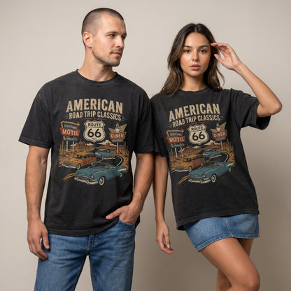 Models wearing Route 66 classic cars graphic tees with vintage diner, motel sign, desert road, and retro Americana road trip artwork.
