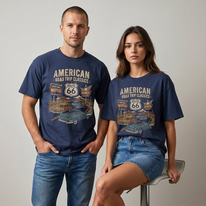 Route 66 Classic Cars Graphic Tee Vintage Diner Road Trip Shirt