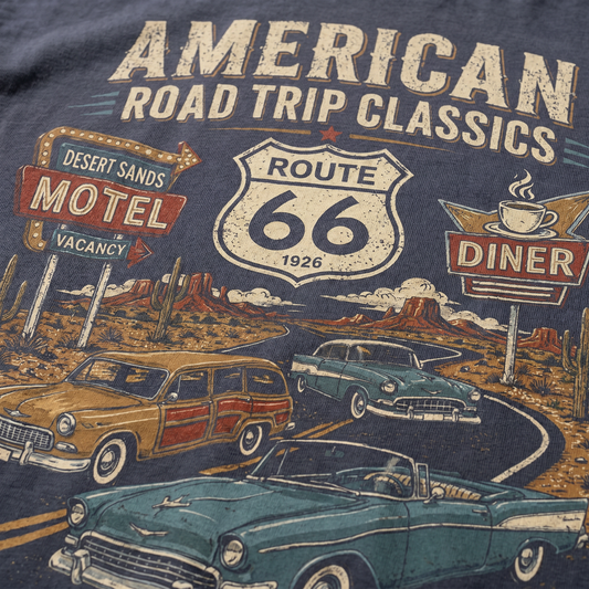 Route 66 Classic Cars Graphic Tee Vintage Diner Road Trip Shirt