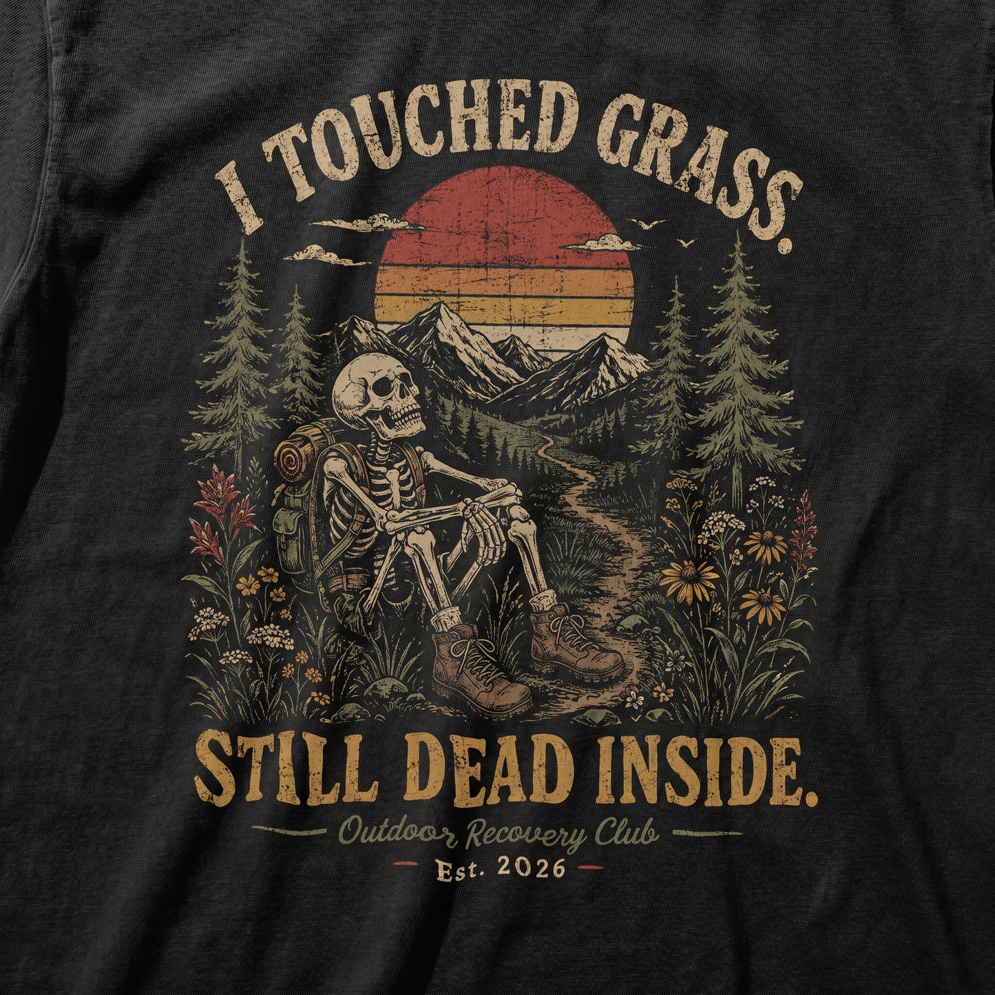 I Touched Grass Still Dead Inside Skeleton Outdoor Graphic Tee