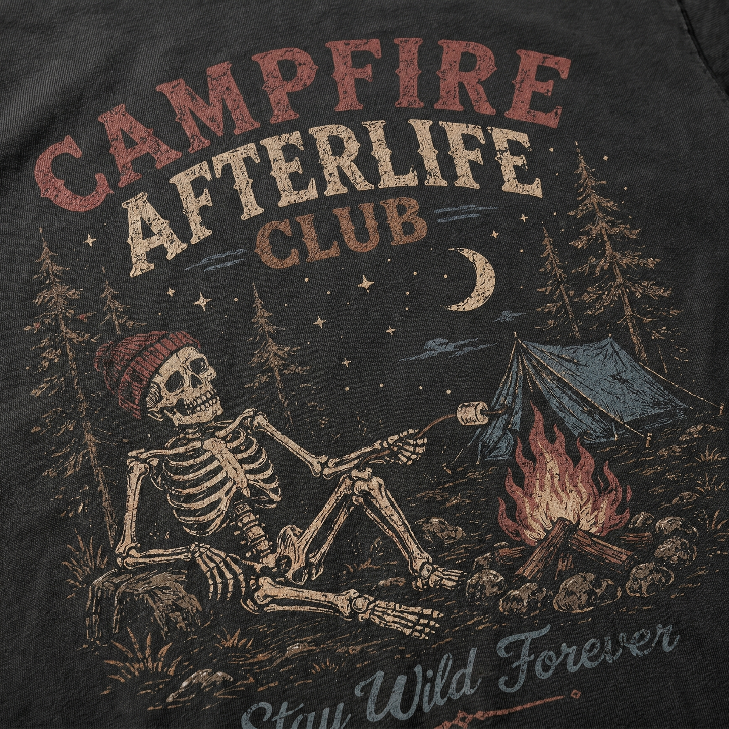 Skeleton Campfire Graphic Tee Vintage Outdoor Camping Shirt