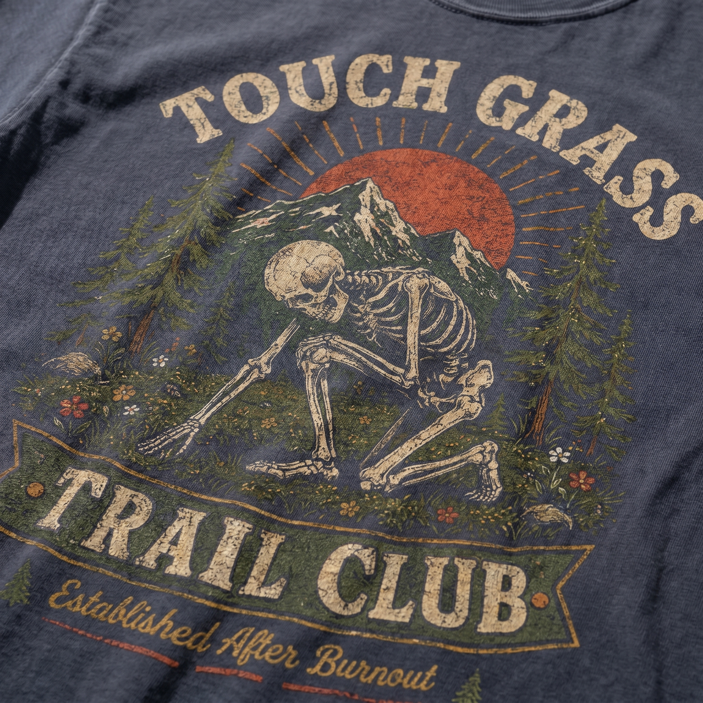 Touch Grass Trail Club Skeleton Graphic Tee | Funny Outdoor Shirt