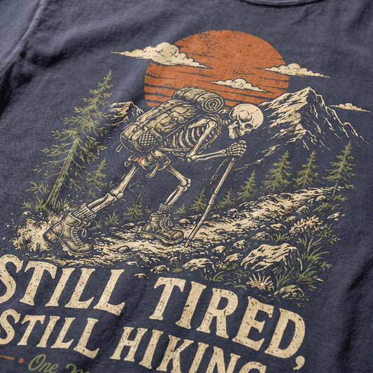 Still Tired Still Hiking Skeleton Graphic Tee | Funny Outdoor Shirt