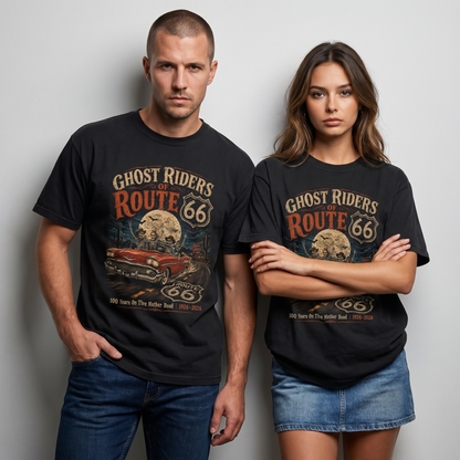 Unisex Route 66 Halloween graphic tee featuring skeleton ghost riders in a vintage car with a full moon, desert road, bats, and retro distressed artwork.