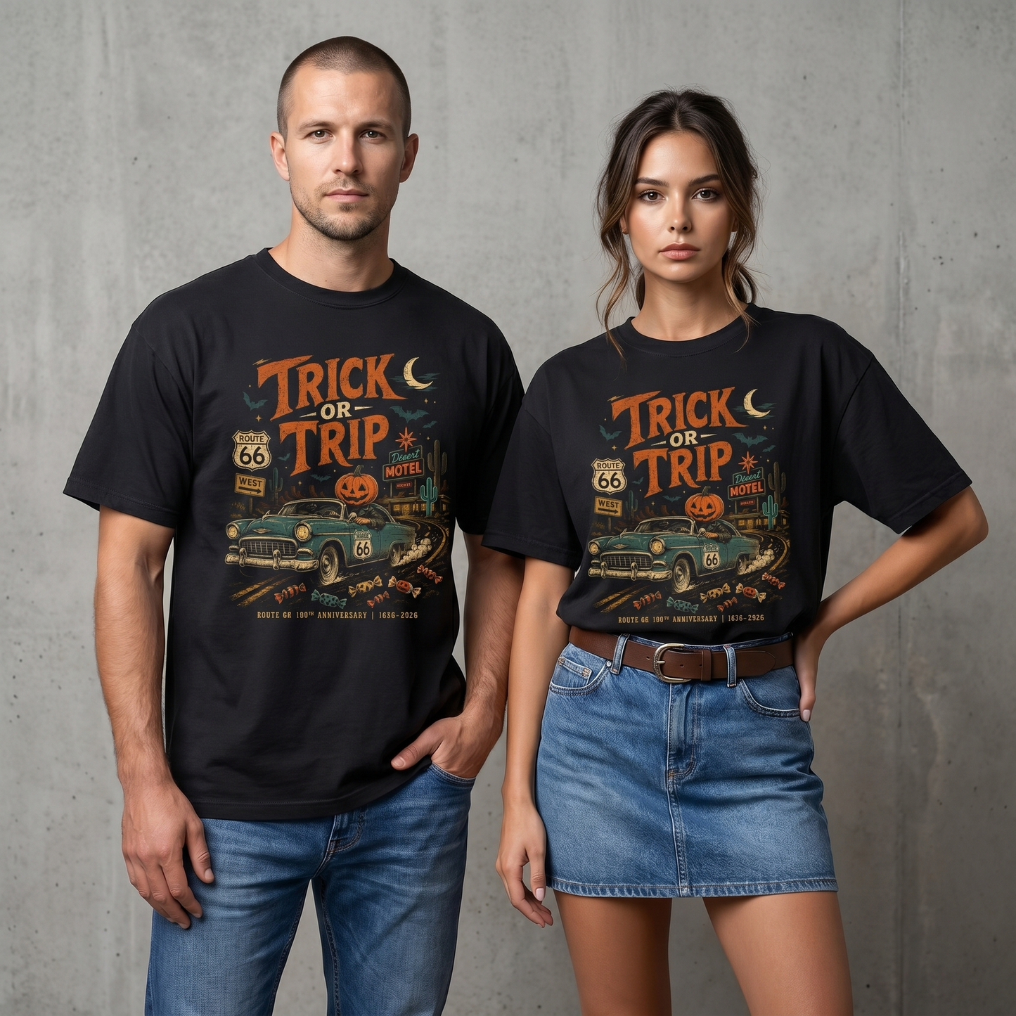 Unisex Halloween Route 66 graphic tee featuring Trick or Trip text, classic car, jack-o-lantern, bats, motel signs, cactus, candy, and vintage distressed road trip artwork.