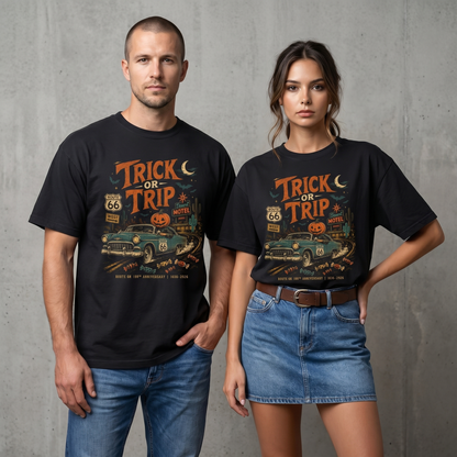 Unisex Halloween Route 66 graphic tee featuring Trick or Trip text, classic car, jack-o-lantern, bats, motel signs, cactus, candy, and vintage distressed road trip artwork.