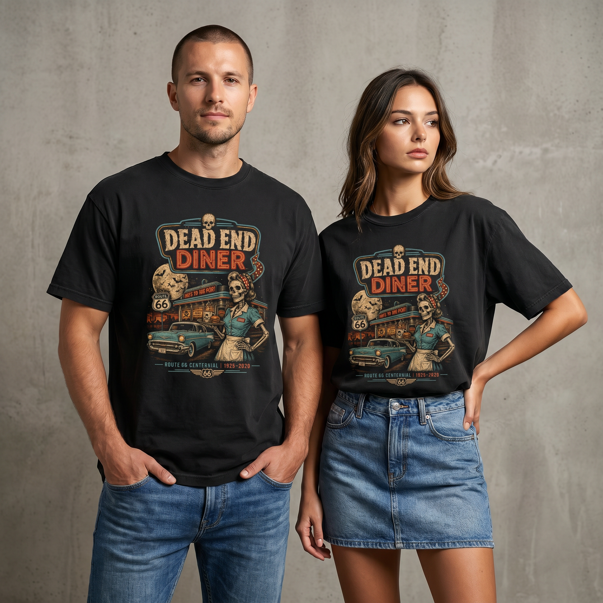 Unisex black Route 66 Halloween graphic tee featuring Dead End Diner artwork with skeleton waitress, classic car, full moon, diner sign, and 1926–2026 centennial text.