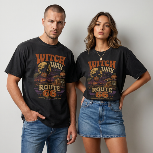 Unisex black Route 66 Halloween graphic tee featuring Witch Way to Route 66 artwork with flying witch, moon, cactus, bats, gas station, and vintage distressed style.