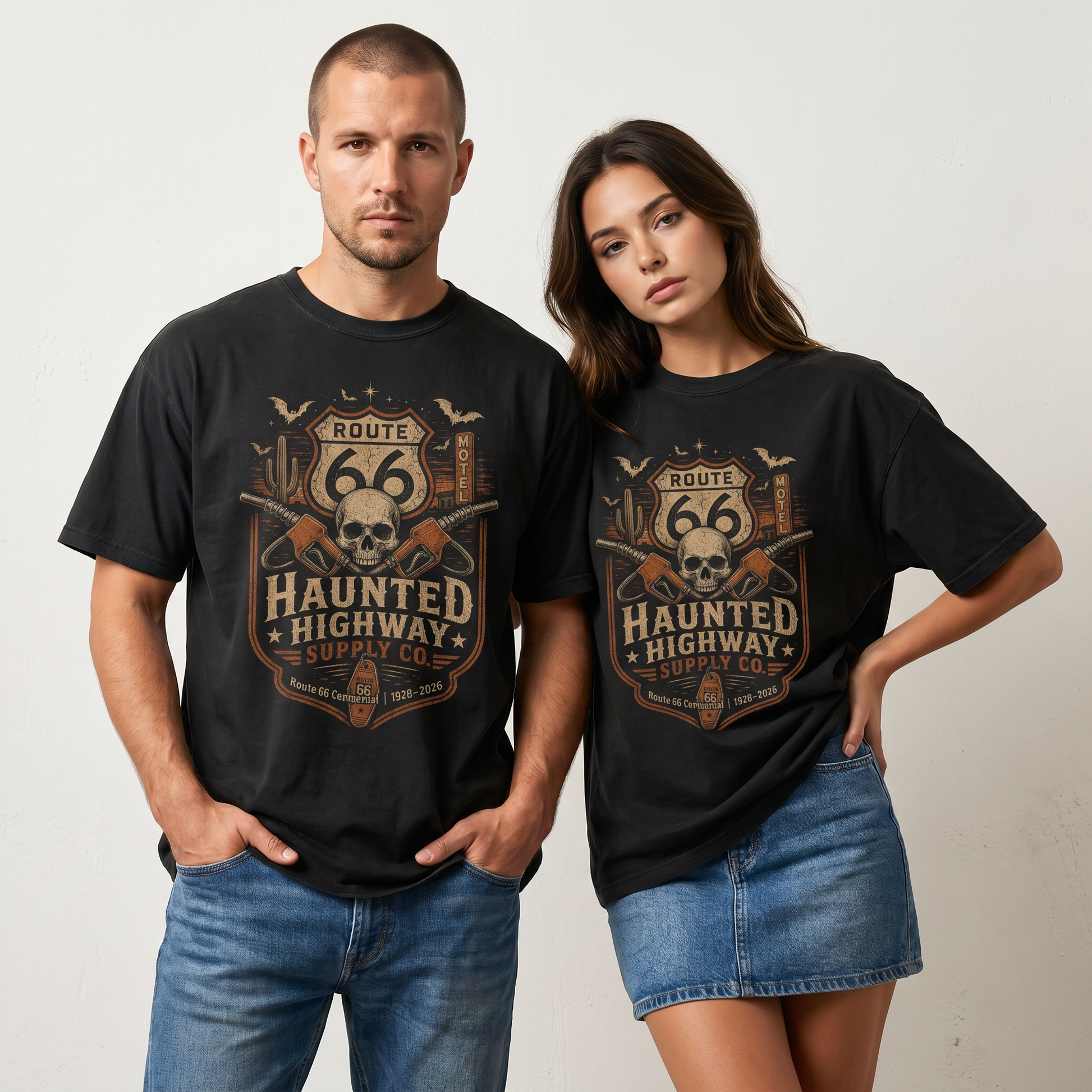Unisex black Route 66 Halloween graphic tee featuring Haunted Highway Supply Co artwork with skull, gas pumps, bats, cactus, motel sign, and distressed vintage badge design.