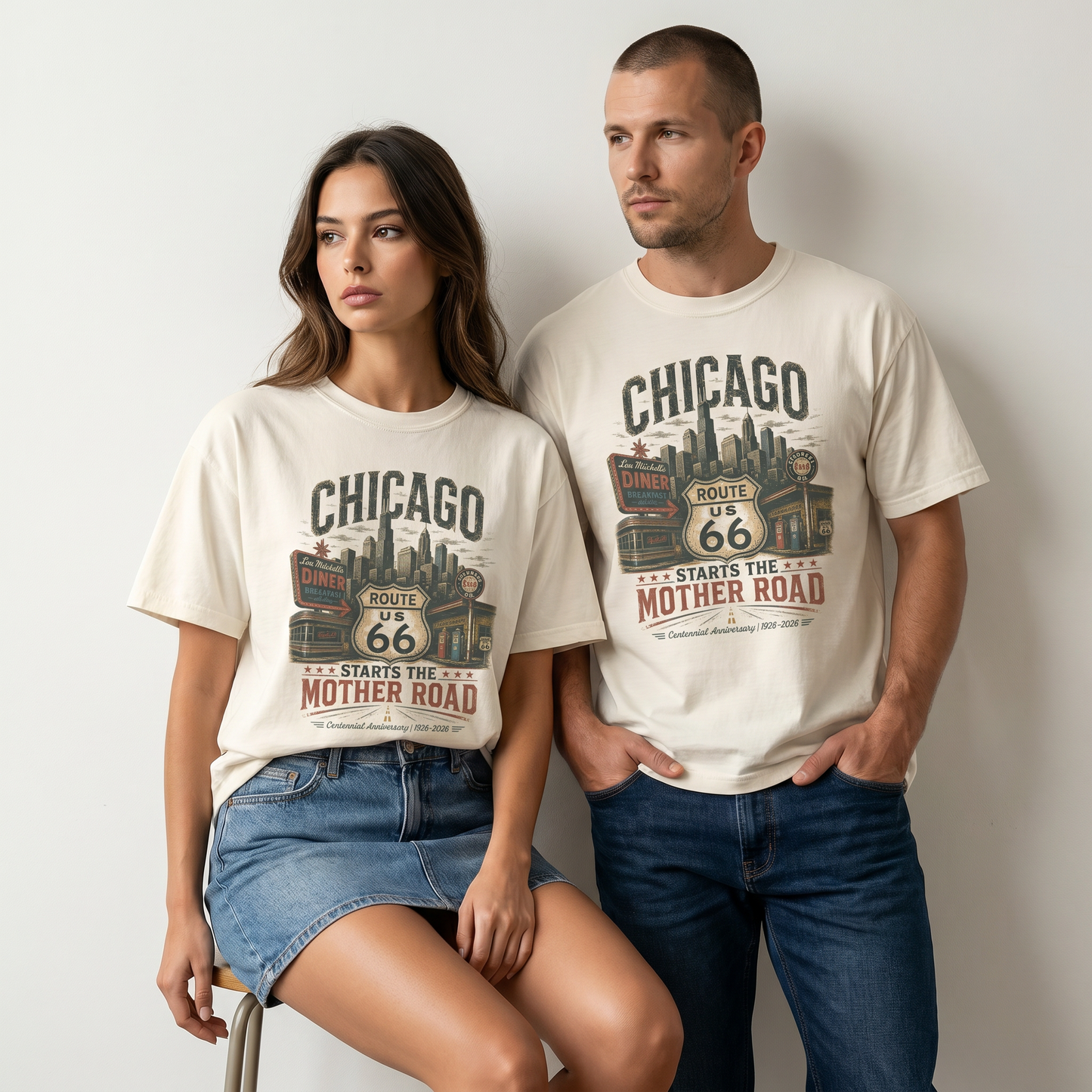 Unisex Route 66 Chicago graphic tee featuring skyline, diner sign, gas station, Route 66 shield, Mother Road text, and 1926–2026 centennial anniversary artwork.