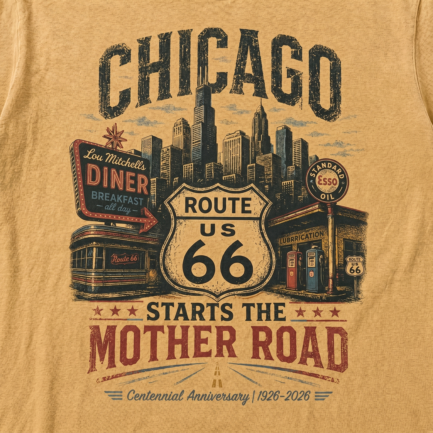 Chicago Starts the Mother Road Route 66 Graphic Tee | Centennial Road Trip Shirt