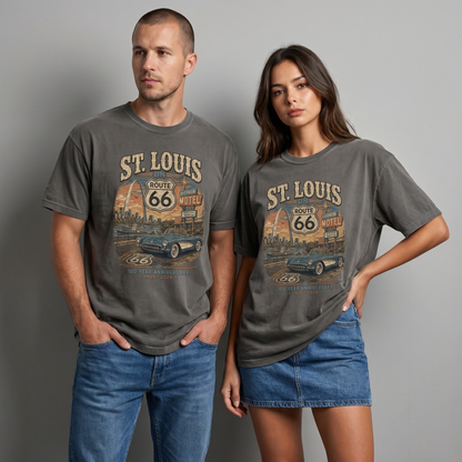Man and woman wearing St. Louis on Route 66 centennial graphic t-shirts in gray