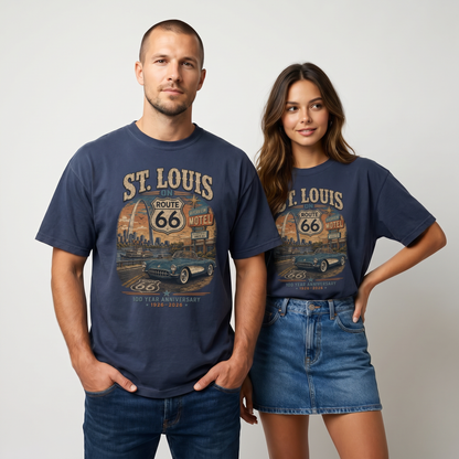 Man and woman modeling St. Louis on Route 66 100 year anniversary graphic tees in Navy