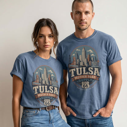 Unisex Tulsa Route 66 graphic tee featuring skyline artwork, Mother Road Supply text, Route 66 shield, roadside signs, and distressed vintage travel style.