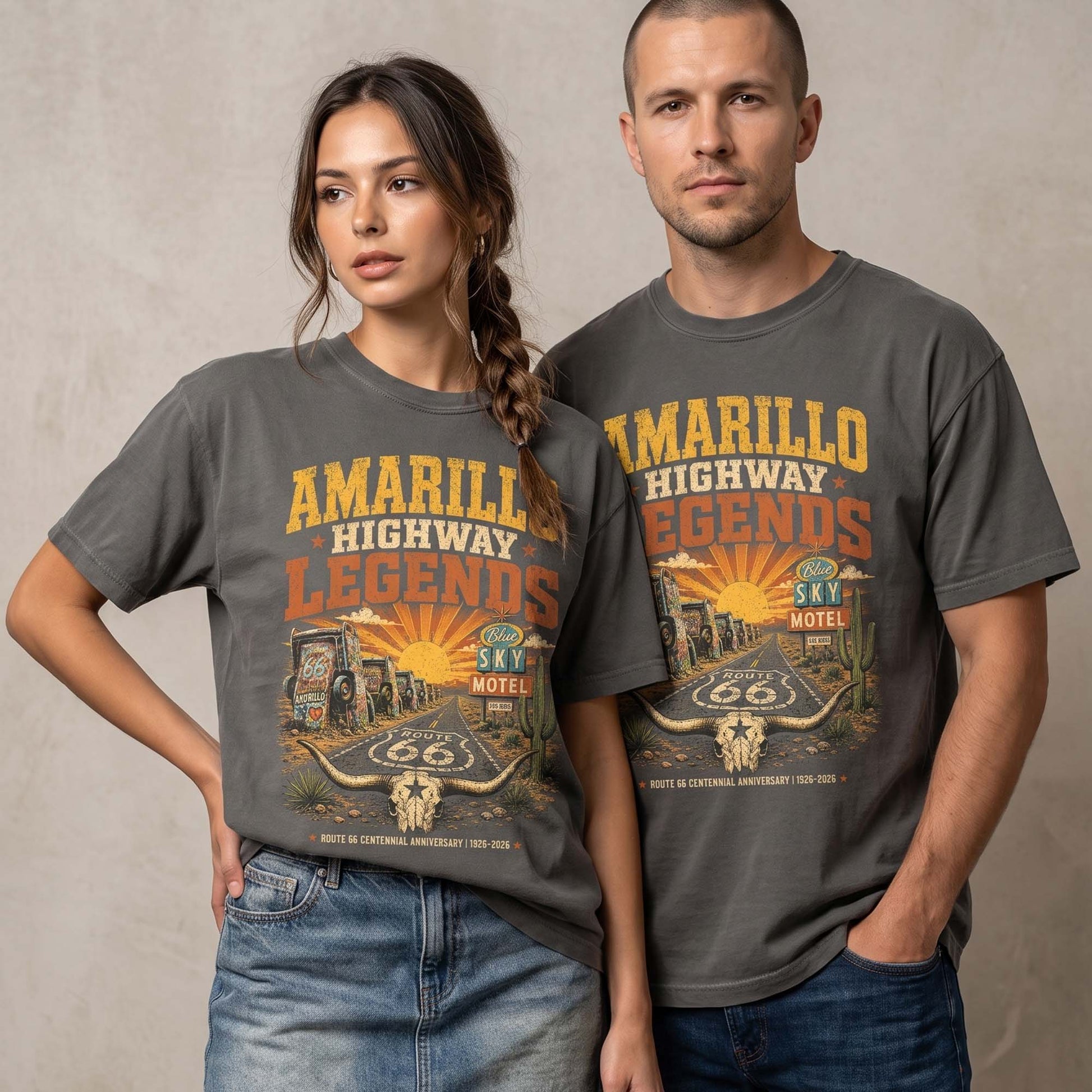 Models wearing Amarillo Highway Legends Route 66 graphic t-shirts with vintage western desert highway artwork.