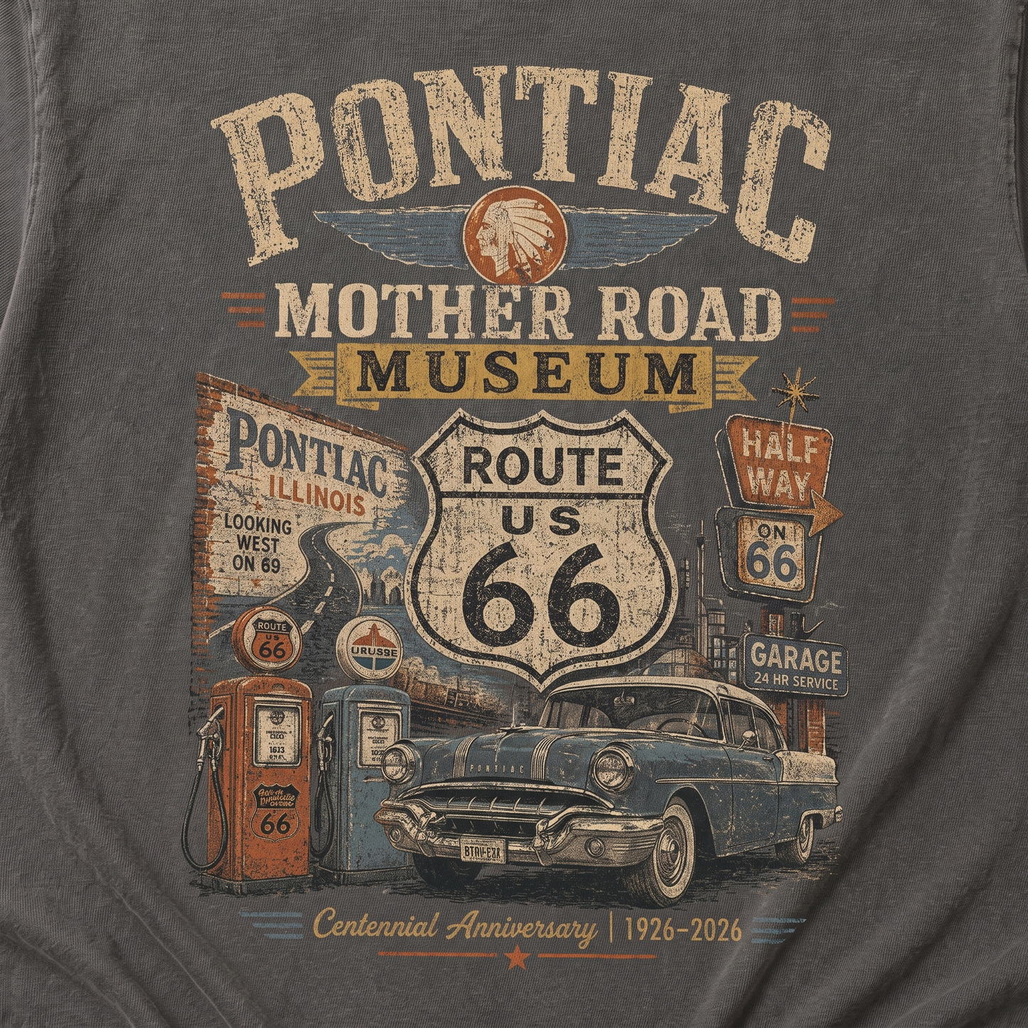 Pontiac Illinois Route 66 Graphic Tee | Mother Road Travel Shirt