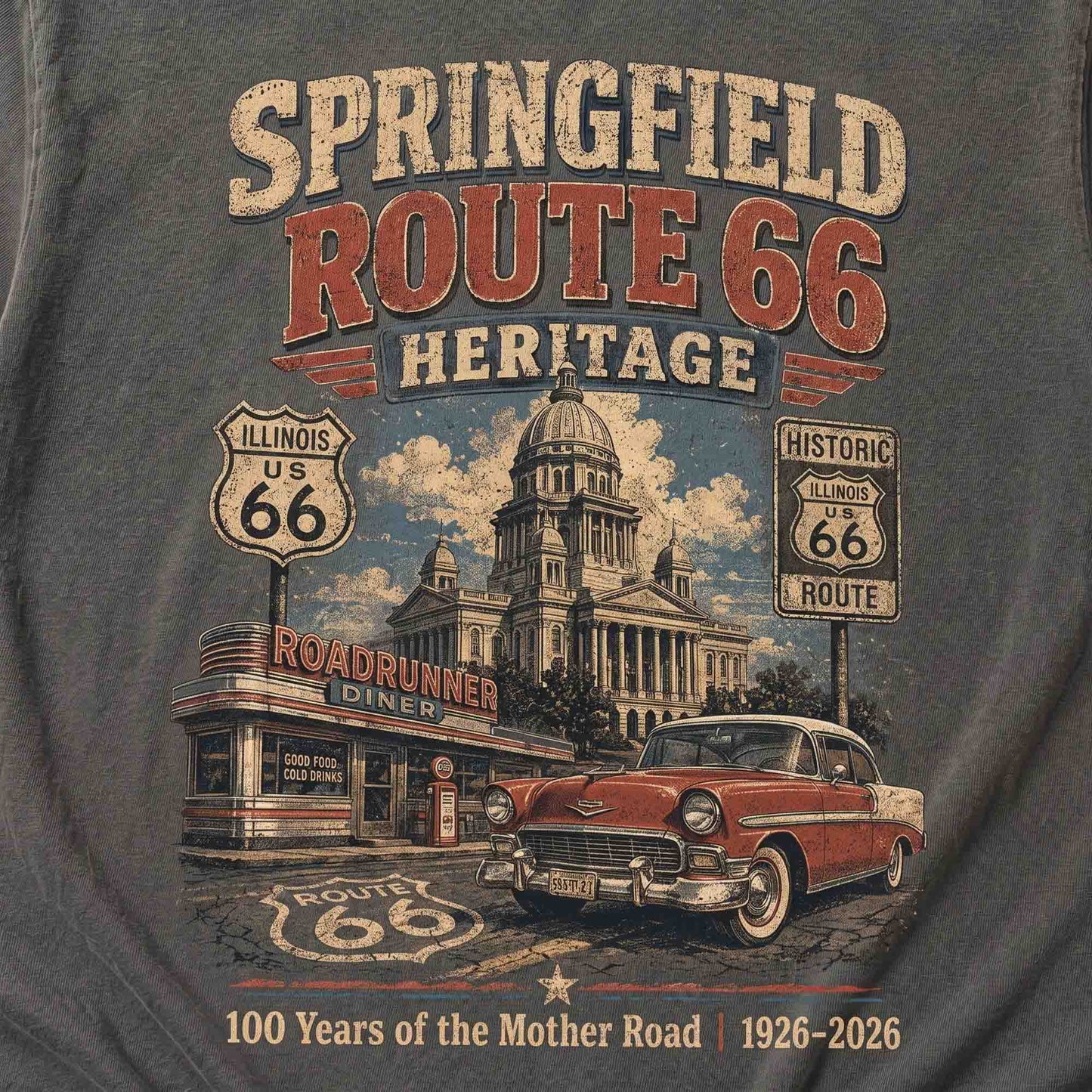 Springfield Illinois Route 66 Graphic Tee | Vintage Mother Road Heritage Shirt
