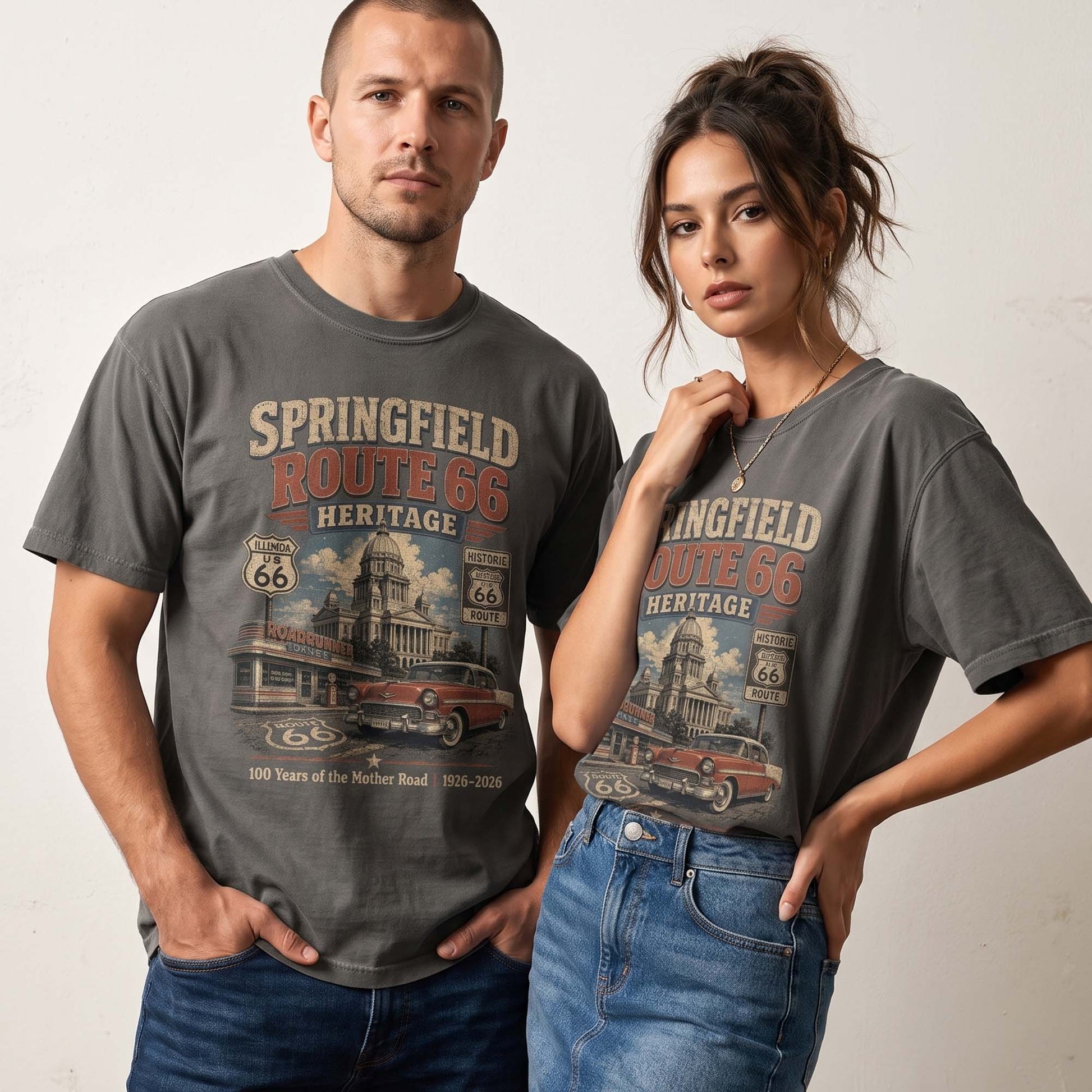 Unisex Springfield Illinois Route 66 graphic tee featuring historic architecture, Illinois Route 66 shield, roadside diner, classic car, and 1926–2026 Mother Road anniversary text.