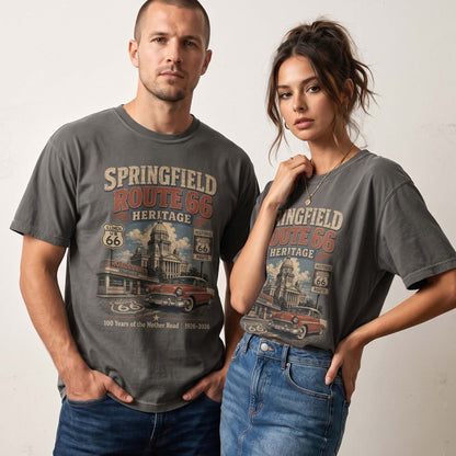 Unisex Springfield Illinois Route 66 graphic tee featuring historic architecture, Illinois Route 66 shield, roadside diner, classic car, and 1926–2026 Mother Road anniversary text.