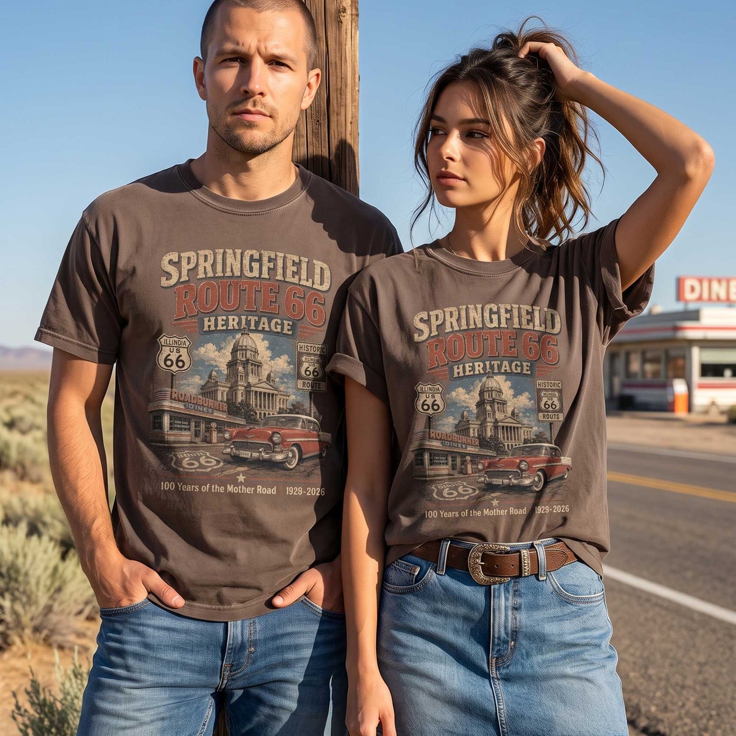 Unisex Springfield Illinois Route 66 graphic tee featuring historic architecture, Illinois Route 66 shield, roadside diner, classic car, and 1926–2026 Mother Road anniversary text.