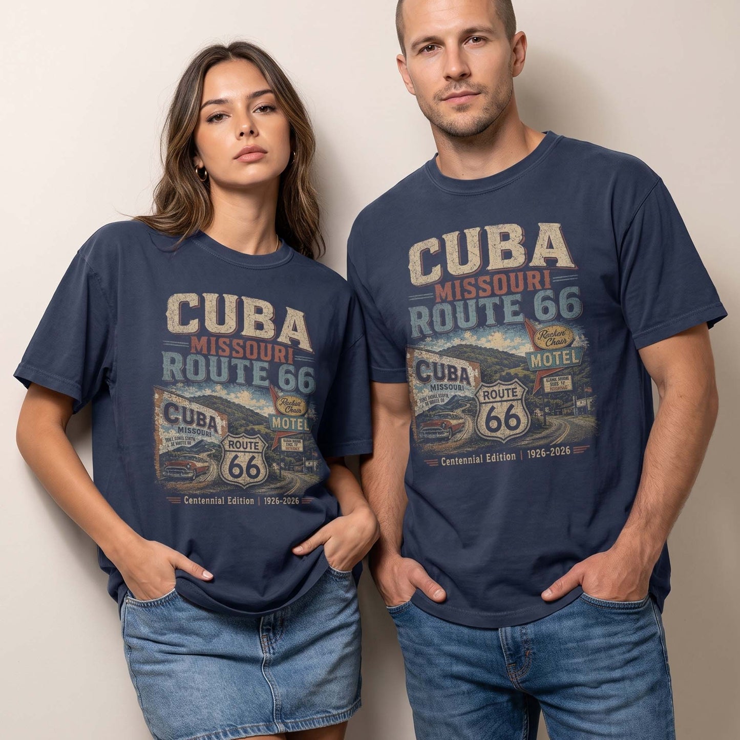 Unisex Cuba Missouri Route 66 graphic tee featuring vintage motel signs, Route 66 shield, classic car artwork, roadside scenery, and 1926–2026 centennial text.