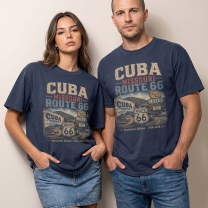 Unisex Cuba Missouri Route 66 graphic tee featuring vintage motel signs, Route 66 shield, classic car artwork, roadside scenery, and 1926–2026 centennial text.