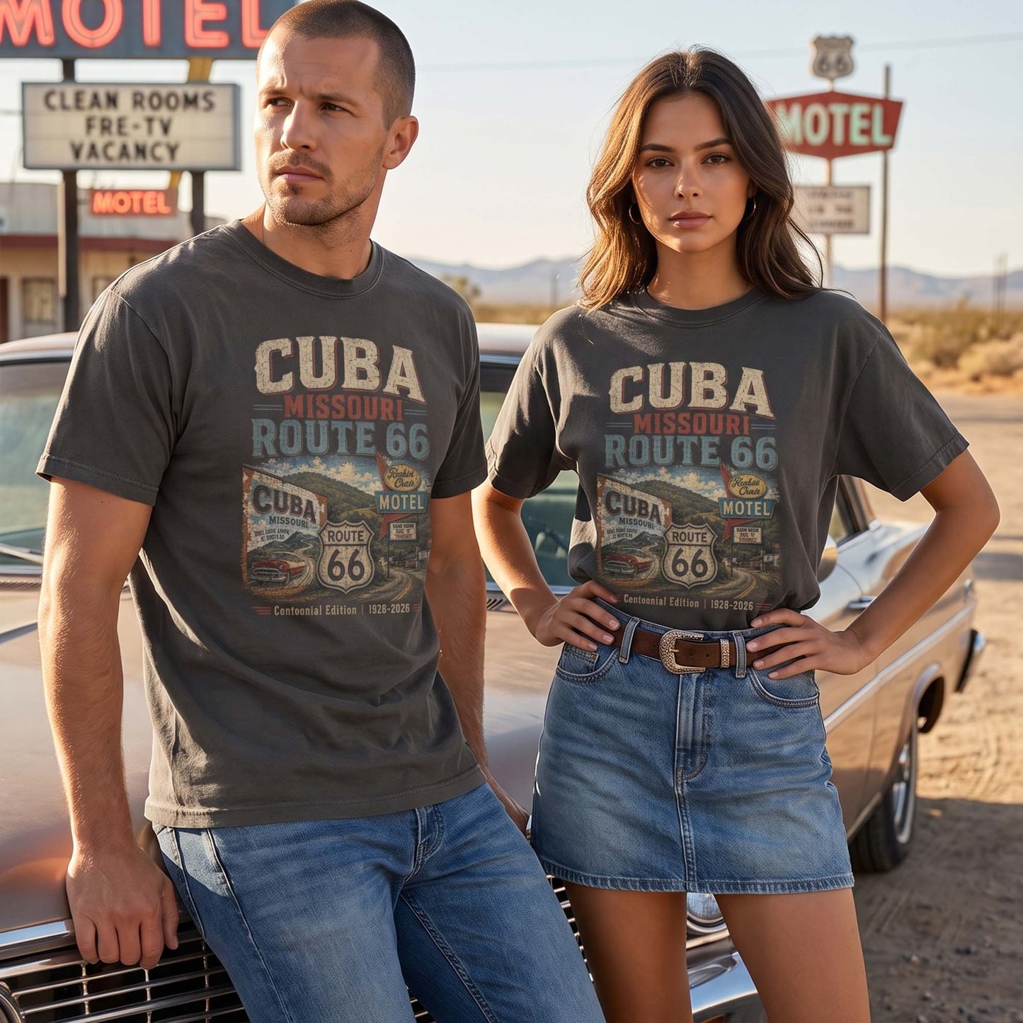 Unisex Cuba Missouri Route 66 graphic tee featuring vintage motel signs, Route 66 shield, classic car artwork, roadside scenery, and 1926–2026 centennial text.