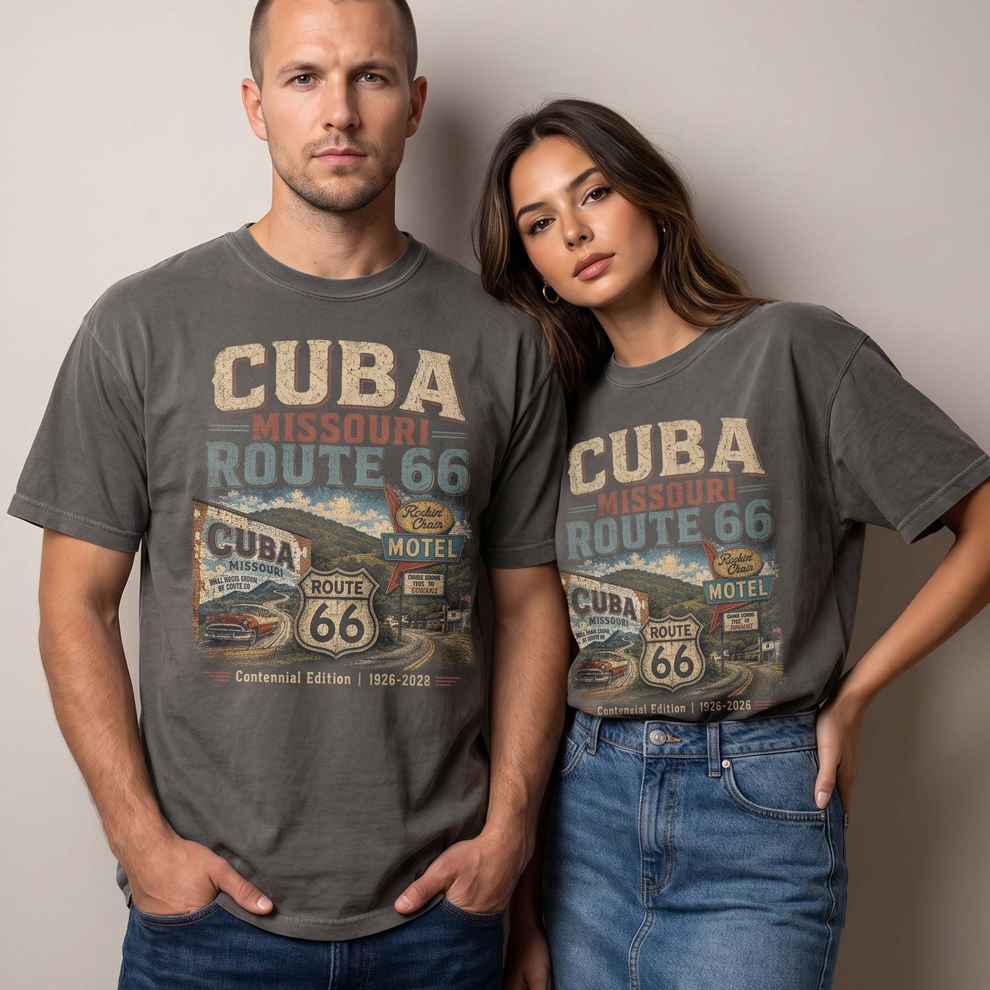 Unisex Cuba Missouri Route 66 graphic tee featuring vintage motel signs, Route 66 shield, classic car artwork, roadside scenery, and 1926–2026 centennial text.