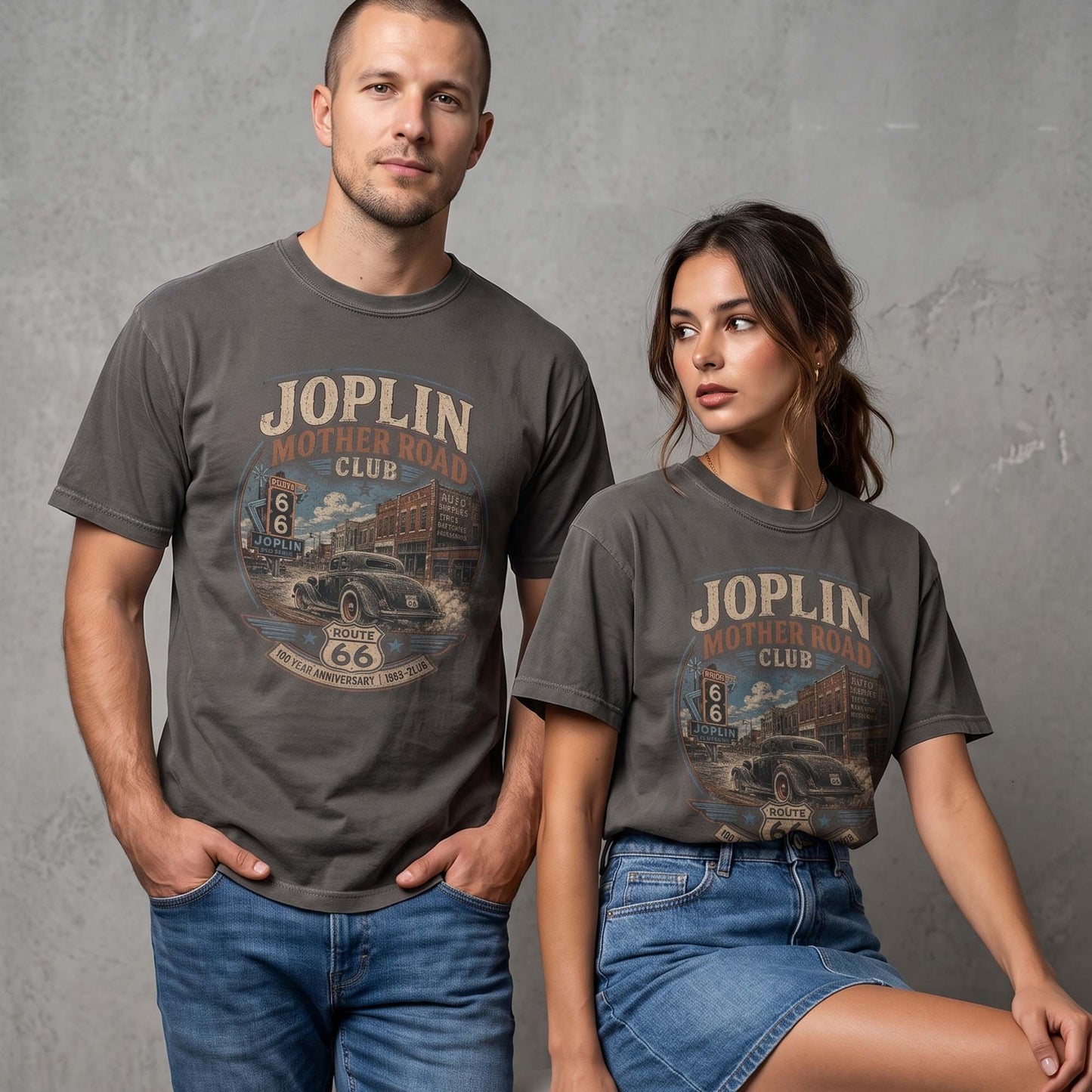 Unisex Joplin Missouri Route 66 graphic tee featuring Mother Road Club text, vintage downtown artwork, Route 66 shield, classic car, and 1926–2026 anniversary details.