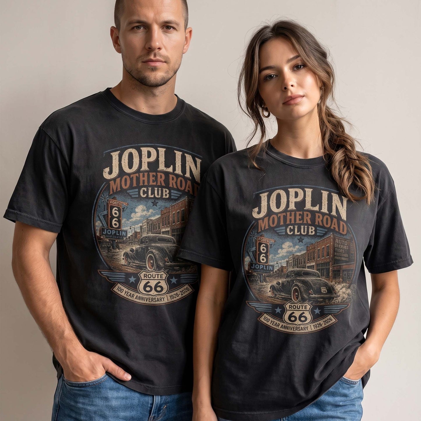 Unisex Joplin Missouri Route 66 graphic tee featuring Mother Road Club text, vintage downtown artwork, Route 66 shield, classic car, and 1926–2026 anniversary details.