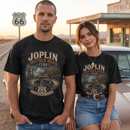Unisex Joplin Missouri Route 66 graphic tee featuring Mother Road Club text, vintage downtown artwork, Route 66 shield, classic car, and 1926?2026 anniversary details.
