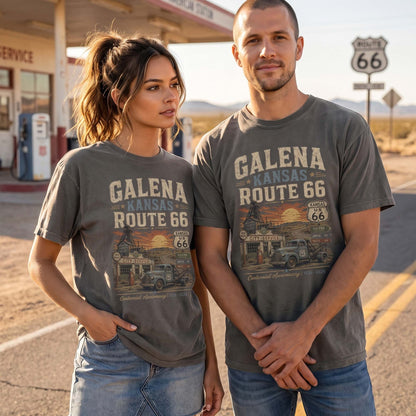 Unisex Galena Kansas Route 66 graphic tee featuring vintage service station artwork, Route 66 shield, classic pickup truck, sunset highway scenery, and 1926–2026 centennial text.