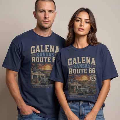 Unisex Galena Kansas Route 66 graphic tee featuring vintage service station artwork, Route 66 shield, classic pickup truck, sunset highway scenery, and 1926–2026 centennial text.