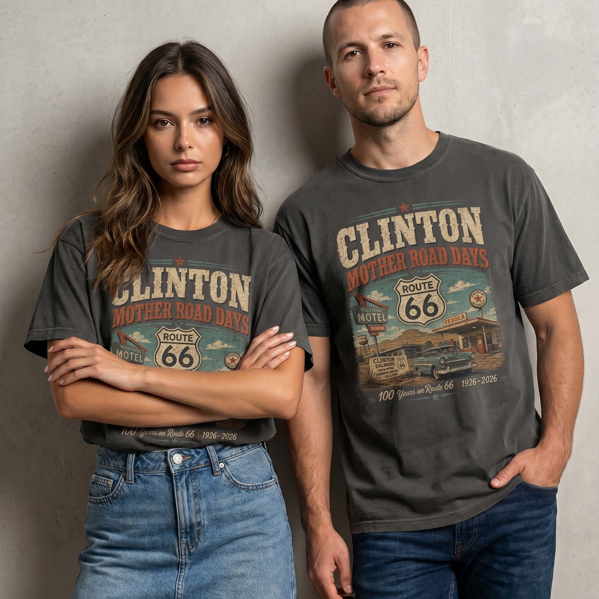 Unisex Clinton Oklahoma Route 66 graphic tee featuring Mother Road Days text, motel signage, Route 66 shield, classic car artwork, and 1926–2026 anniversary details.