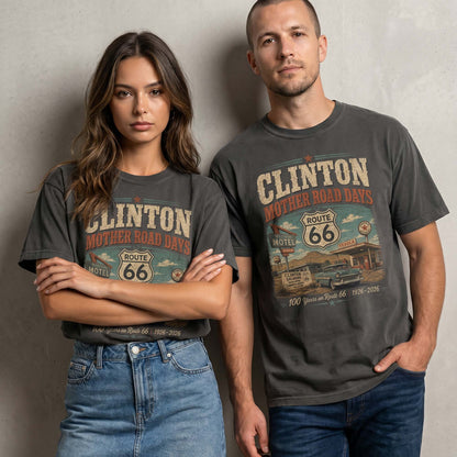 Unisex Clinton Oklahoma Route 66 graphic tee featuring Mother Road Days text, motel signage, Route 66 shield, classic car artwork, and 1926–2026 anniversary details.