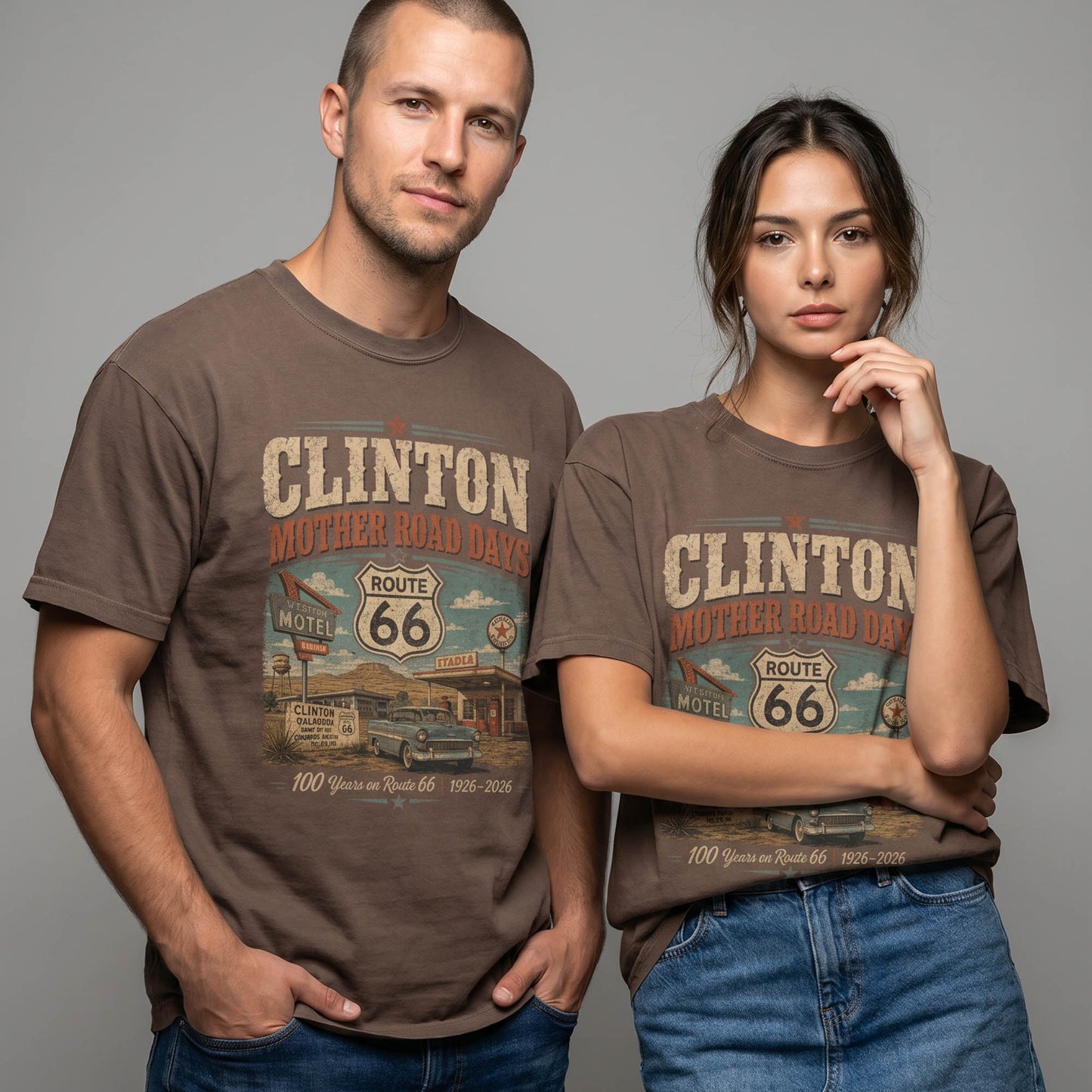 Unisex Clinton Oklahoma Route 66 graphic tee featuring Mother Road Days text, motel signage, Route 66 shield, classic car artwork, and 1926–2026 anniversary details.